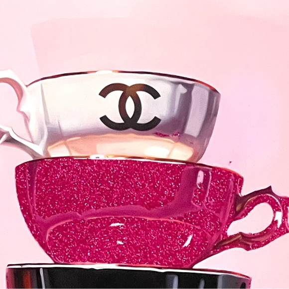 DESIGN DISTRICT STUDIO Wall Art Print Teacups Chanel 10x20 Pink Glitter Canvas - Picture 5 of 8